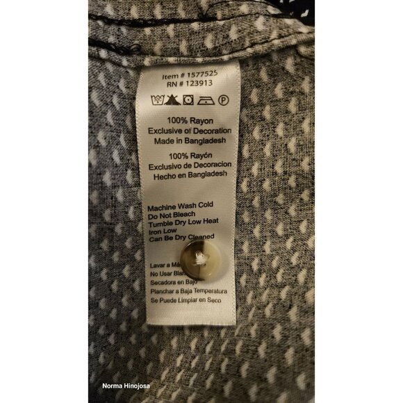 Black & White Button-Up Blouse with Heart Print Short Sleeves Rayon Material - Picture 6 of 8